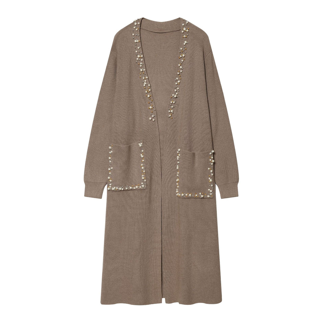 Damen langer Strickcardigan mit Perlenverzierung und aufgesetzten Taschen Nord Taschen