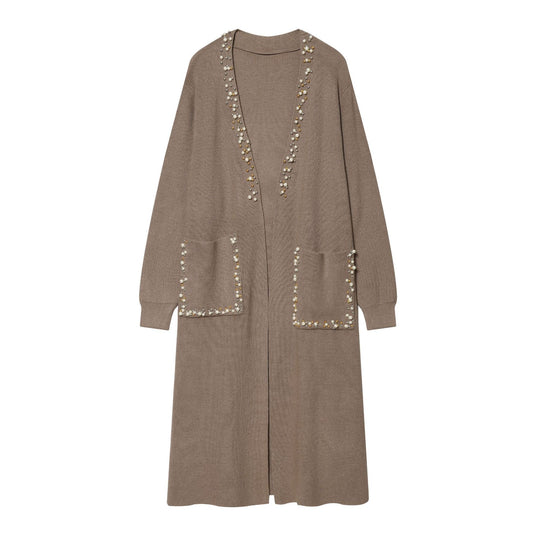 Damen langer Strickcardigan mit Perlenverzierung und aufgesetzten Taschen Nord Taschen