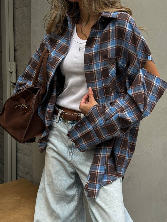 Damen karierte Oversize-Hemdjacke mit Cut-Out-Ärmeln und rohem Saum Nord Taschen