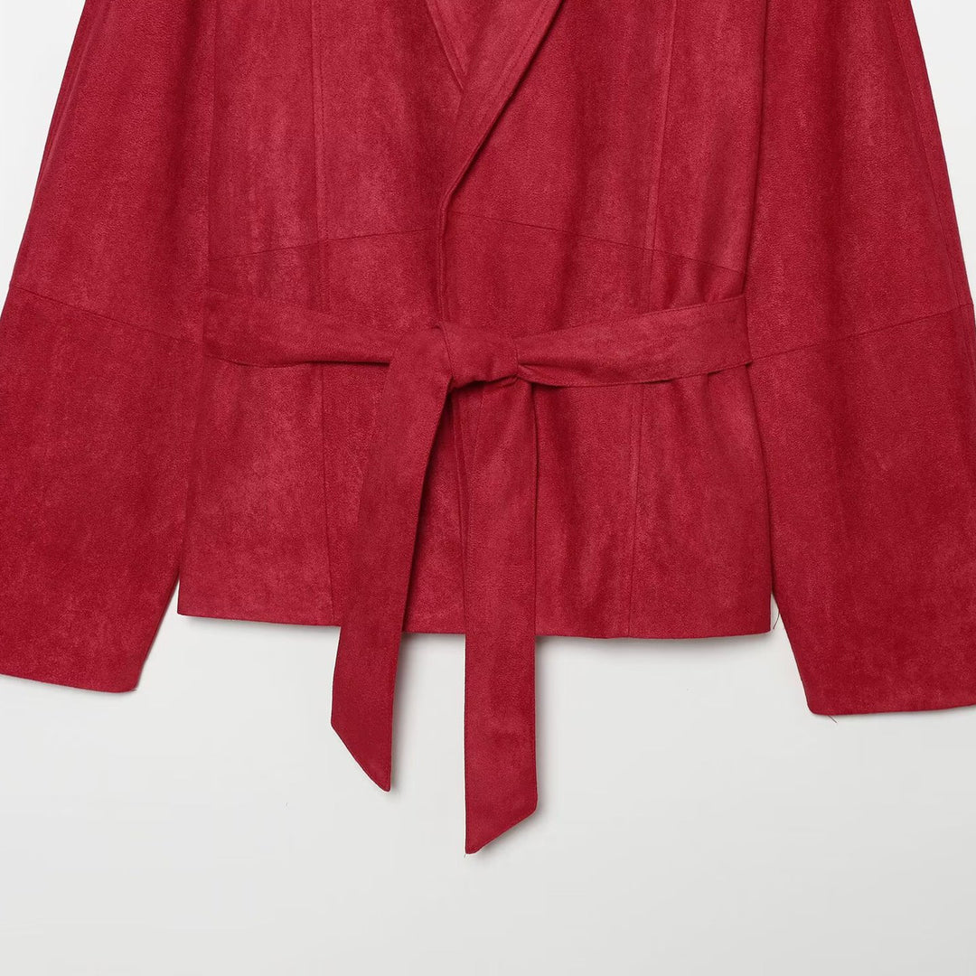 Damen Cropped Jacke im Kimono-Stil aus Veloursoptik mit Schalkragen und Bindegürtel Nord Taschen
