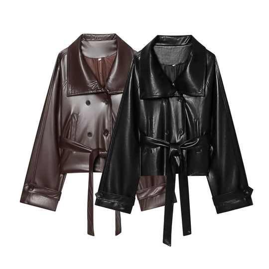Damen Kurz geschnittener Kunstleder-Trenchcoat mit übergroßem Revers, doppelreihiger Knopfleiste und Bindegürtel Nord Taschen