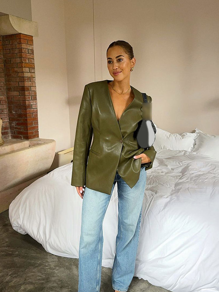 Damen Figurbetonter Lederimitat-Blazer mit einreihiger Knopfleiste und defined Shoulder Nord Taschen