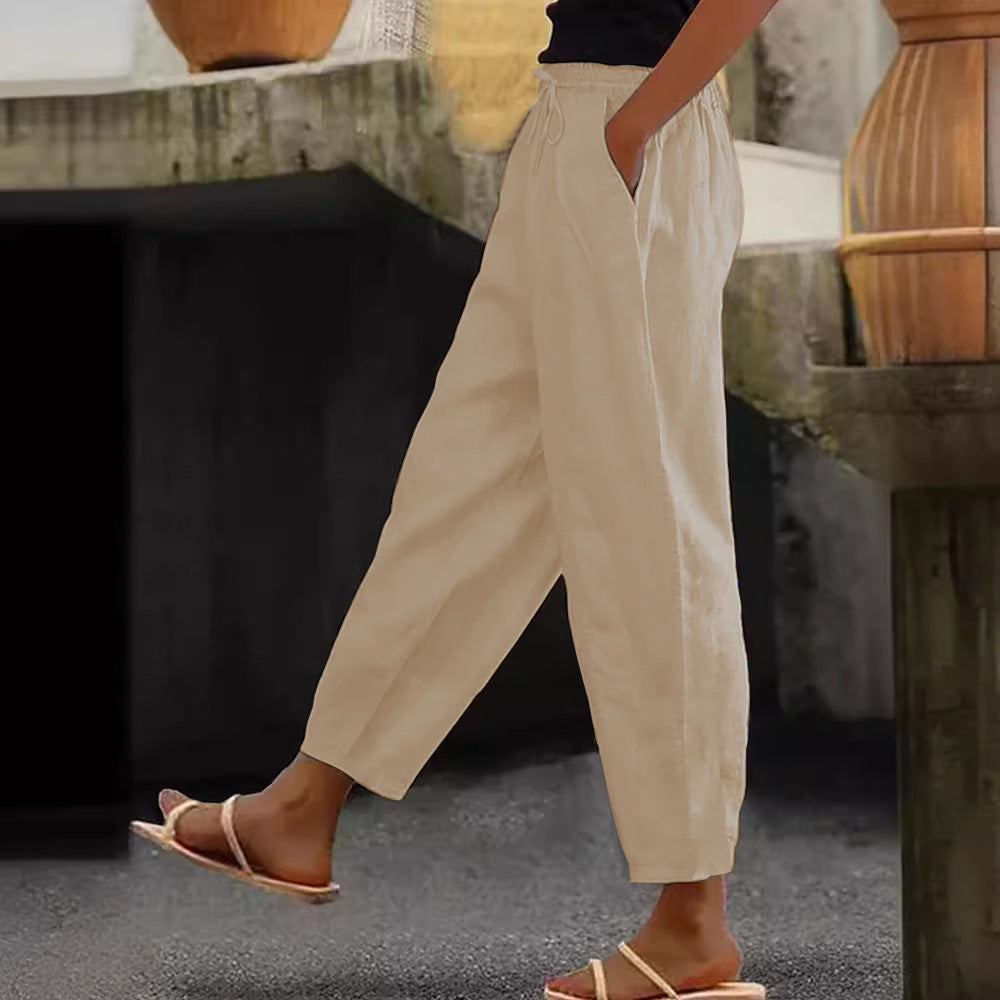 Damen Leinen-Mischung Cropped-Hose mit elastischem Bund, Kordelzug und Seitentaschen Nord Taschen