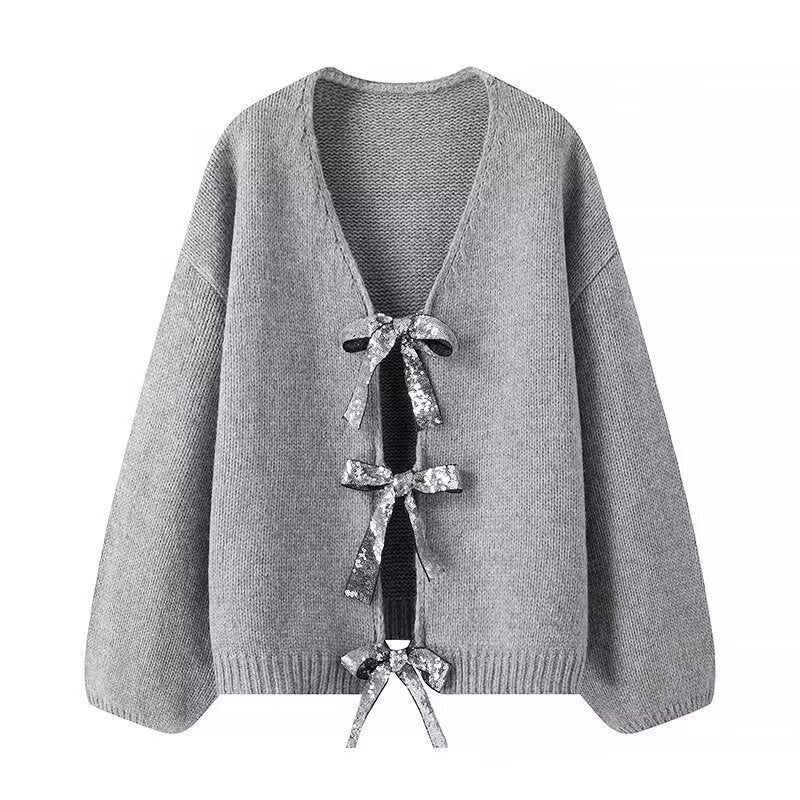 Damen Oversized Strickcardigan mit V-Ausschnitt und Pailletten‑Schleifen Nord Taschen