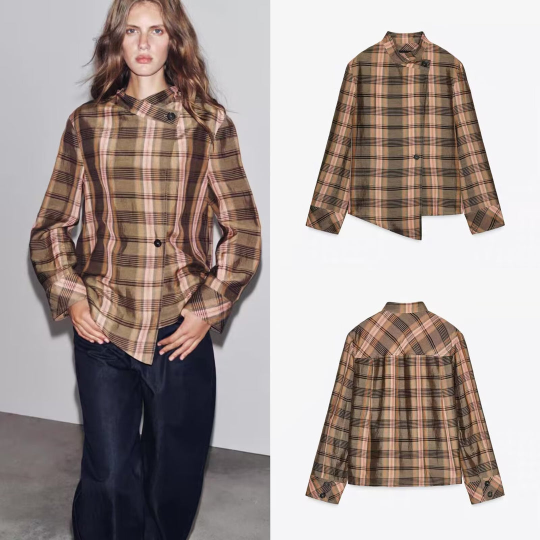 Damen Asymmetrische Cape-Bluse im Karo-Muster mit Stehkragen und Knopfverschluss Nord Taschen