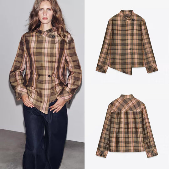 Damen Asymmetrische Cape-Bluse im Karo-Muster mit Stehkragen und Knopfverschluss Nord Taschen