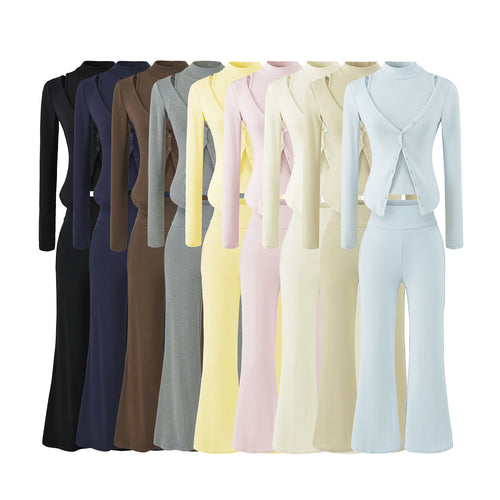 Damen Figurbetontes Layering-Set mit Rollkragen-Longsleeve und asymmetrischer Knopfjacke und ausgestellter High-Waist Hose Nord Taschen