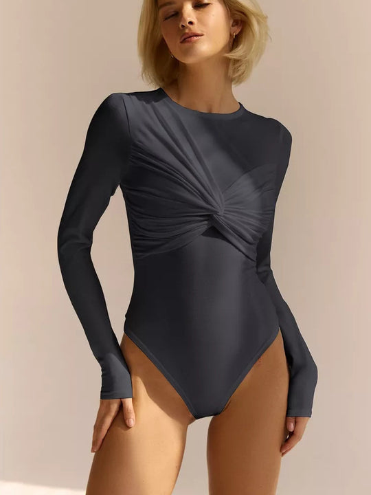 Damen Figurbetonter Langarm-Body mit Drehdetail und Rundhalsausschnitt Nord Taschen