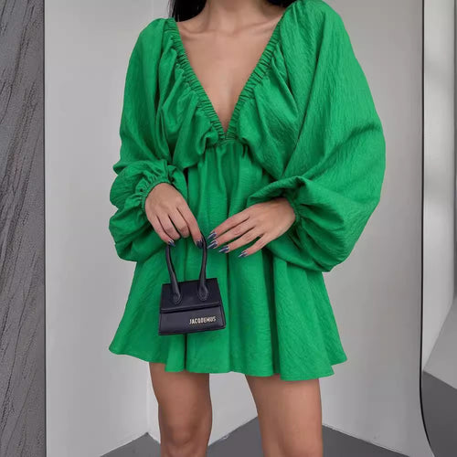 Damen Lockeres Minikleid mit tiefem V-Ausschnitt und Ballonärmeln Nord Taschen
