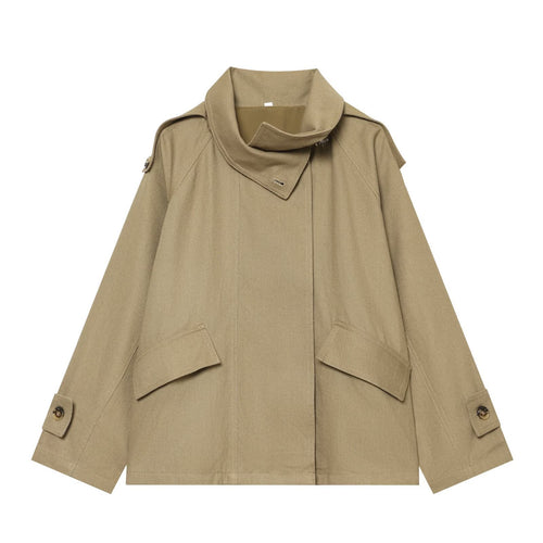 Damen Kurze Oversized Cape-Trenchjacke mit hohem Funnelkragen und Utility‑Pattentaschen Nord Taschen