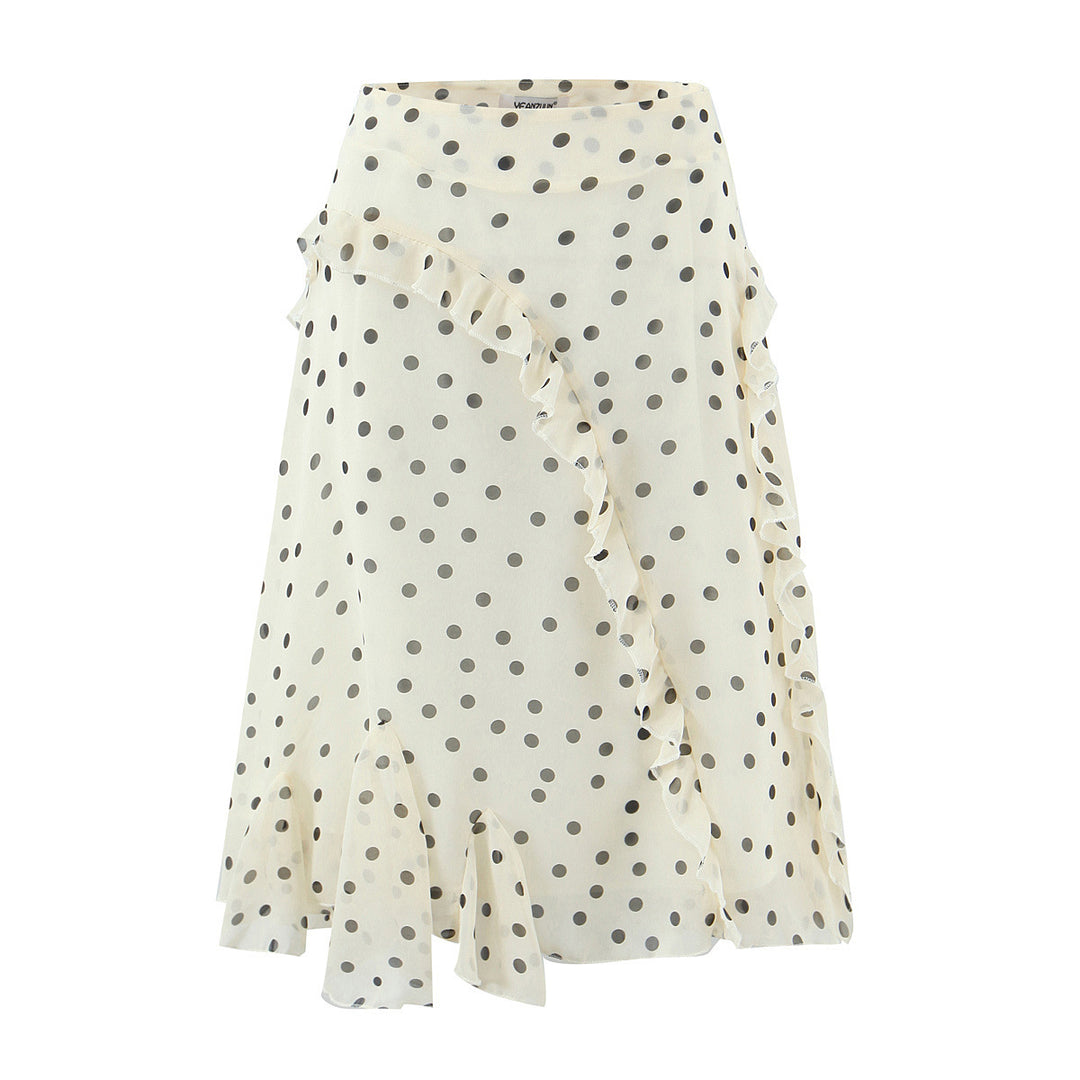 Damen Wickel-Midirock aus Chiffon mit Volants und Pünktchen-Design Nord Taschen