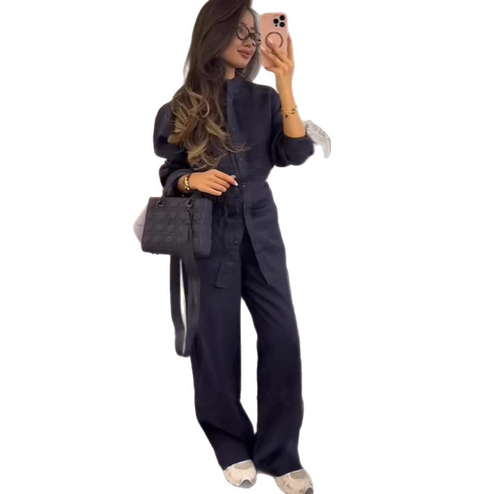 Damen Lange Hemdbluse mit feinen Biesen, Stehkragen und Bindegürtel Nord Taschen