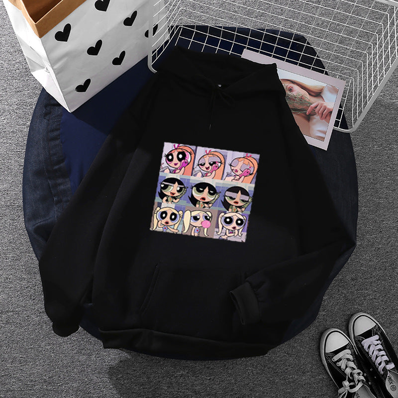 Damen nan lässiger Kapuzenpullover mit quadratischem Cartoon-Collageprint weiches Fleece Innenfutter und aufgesetzter Kängurutasche Nord Taschen