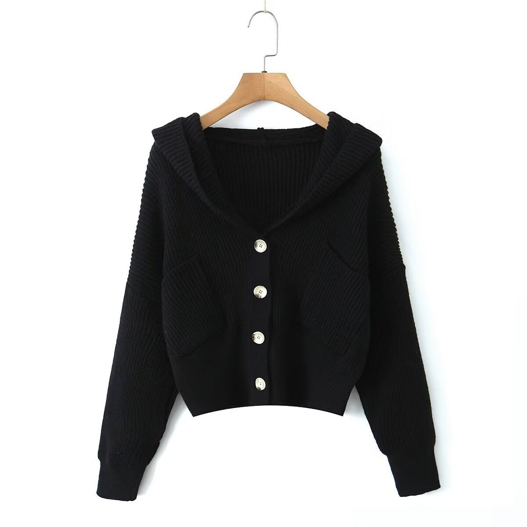 Damen Kurze Rippstrick-Cardigan mit weitem Kapuzenkragen und aufgesetzten Taschen Nord Taschen