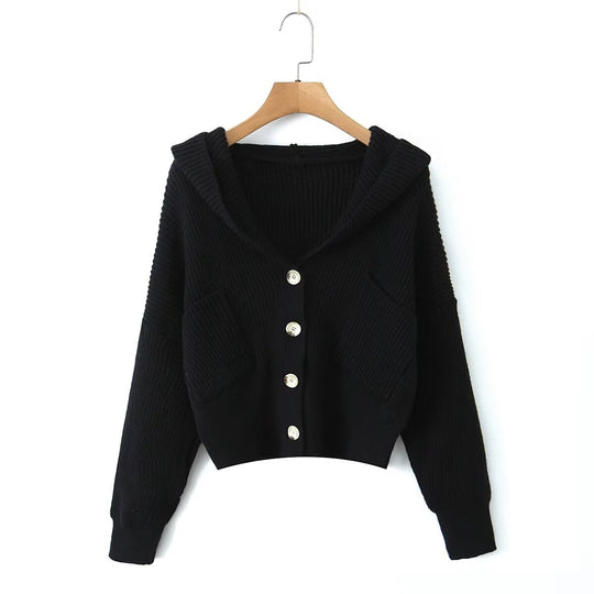 Damen Kurze Rippstrick-Cardigan mit weitem Kapuzenkragen und aufgesetzten Taschen Nord Taschen