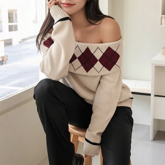 Damen Lässiger Strickpullover mit Off-Shoulder Design Nord Taschen