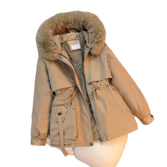Damen nan kurze gefütterte Parka mit Kunstpelzkragen Teddyfutter Taillenzug und Multifunktions-Taschen Nord Taschen