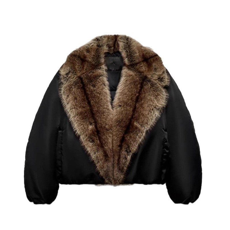 Damen Oversize-Bomberjacke mit voluminösem Fellkragen und Satinärmeln Nord Taschen