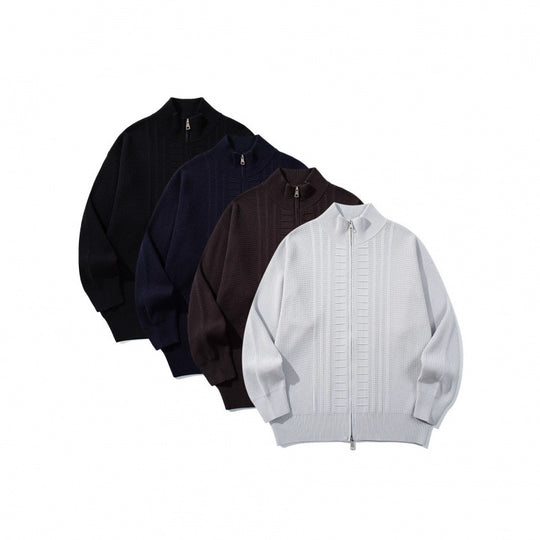 Herren Grobgestrickter Zip-Cardigan mit hohem Kragen und Doppelreißverschluss Nord Taschen
