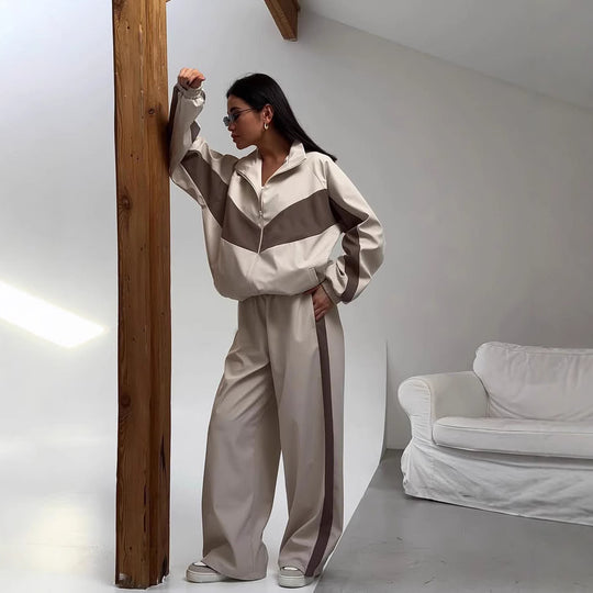 Damen sportives Zweiteiler-Set aus Oversize-Trackjacke mit Reißverschluss und weitem Bundfalten-Hose Nord Taschen