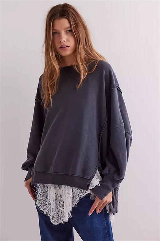 Damen oversized Sweatshirt mit Ballonärmeln, offenen Saumnähten und seitlichen Schlitzen Vittorelli