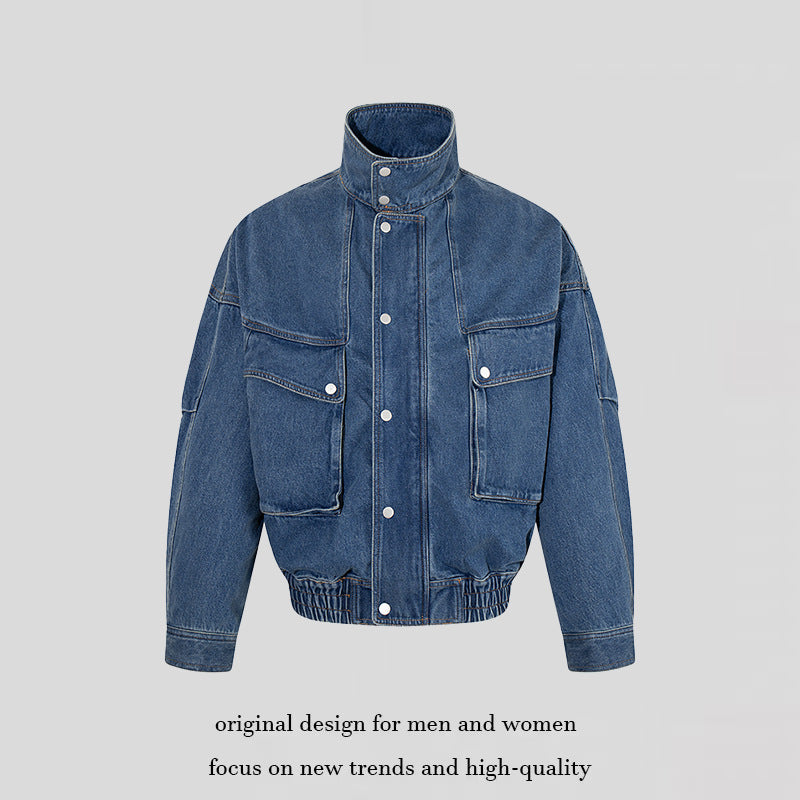 Damen Oversize-Jeansjacke mit Stehkragen, Druckknopfleiste und aufgesetzten Cargo-Taschen Nord Taschen
