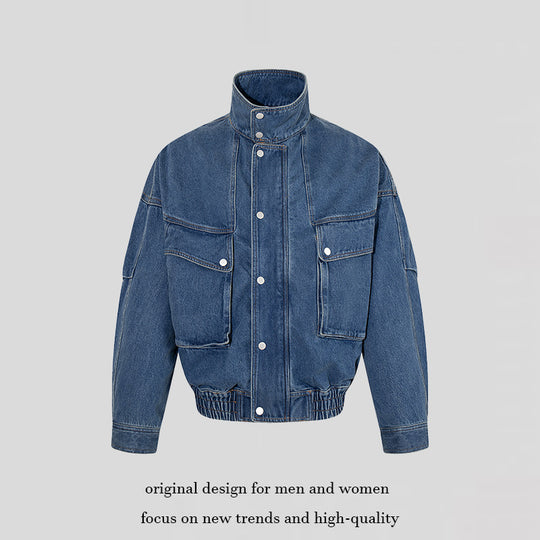 Damen Oversize-Jeansjacke mit Stehkragen, Druckknopfleiste und aufgesetzten Cargo-Taschen Nord Taschen