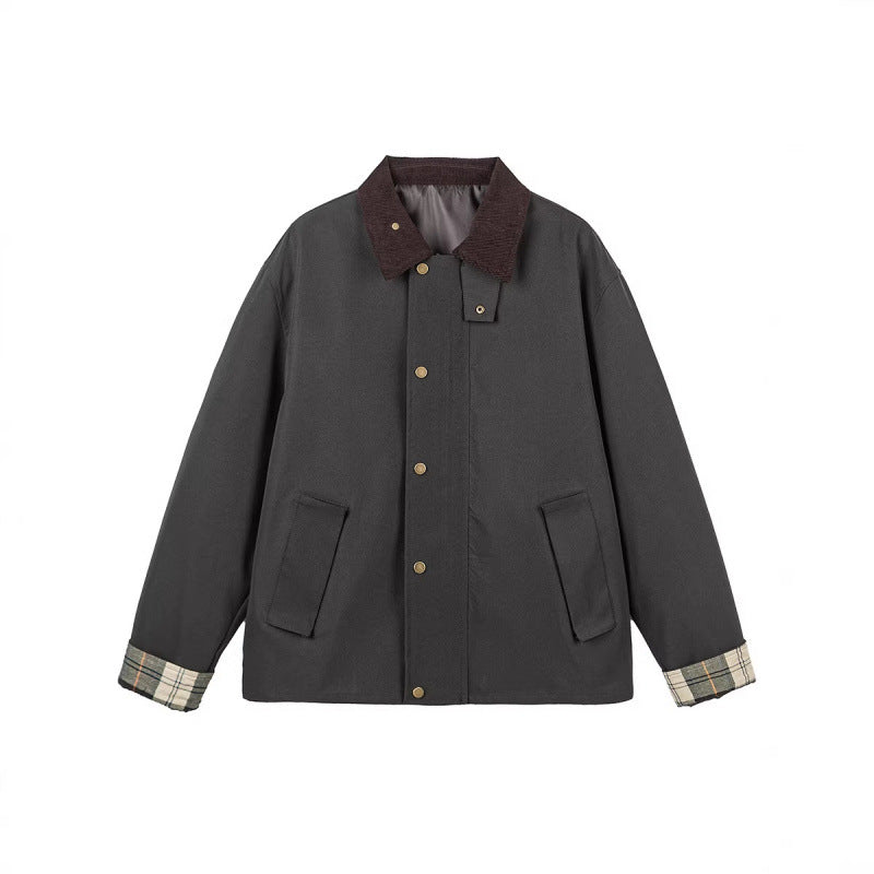 Herren Kurze Boxy-Workerjacke aus robustem Canvas mit Cordkragen und verdeckter Druckknopfleiste Nord Taschen
