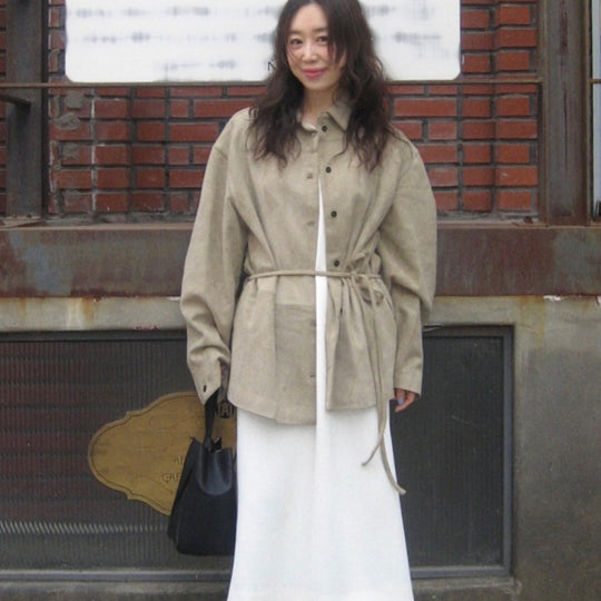 Damen Oversize Velourslederoptik-Utility-Jacke mit Tunnelzugtaillierung Nord Taschen
