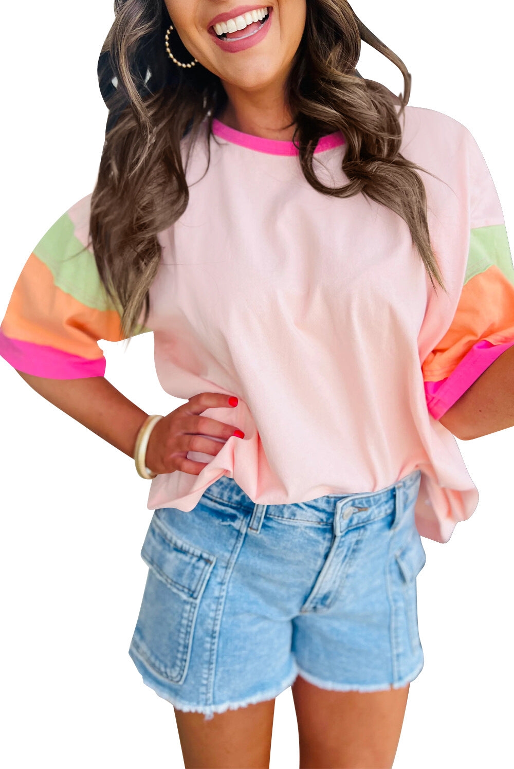 Damen lässiges T-Shirt mit farbenfrohen Ärmeln und weitem Schnitt