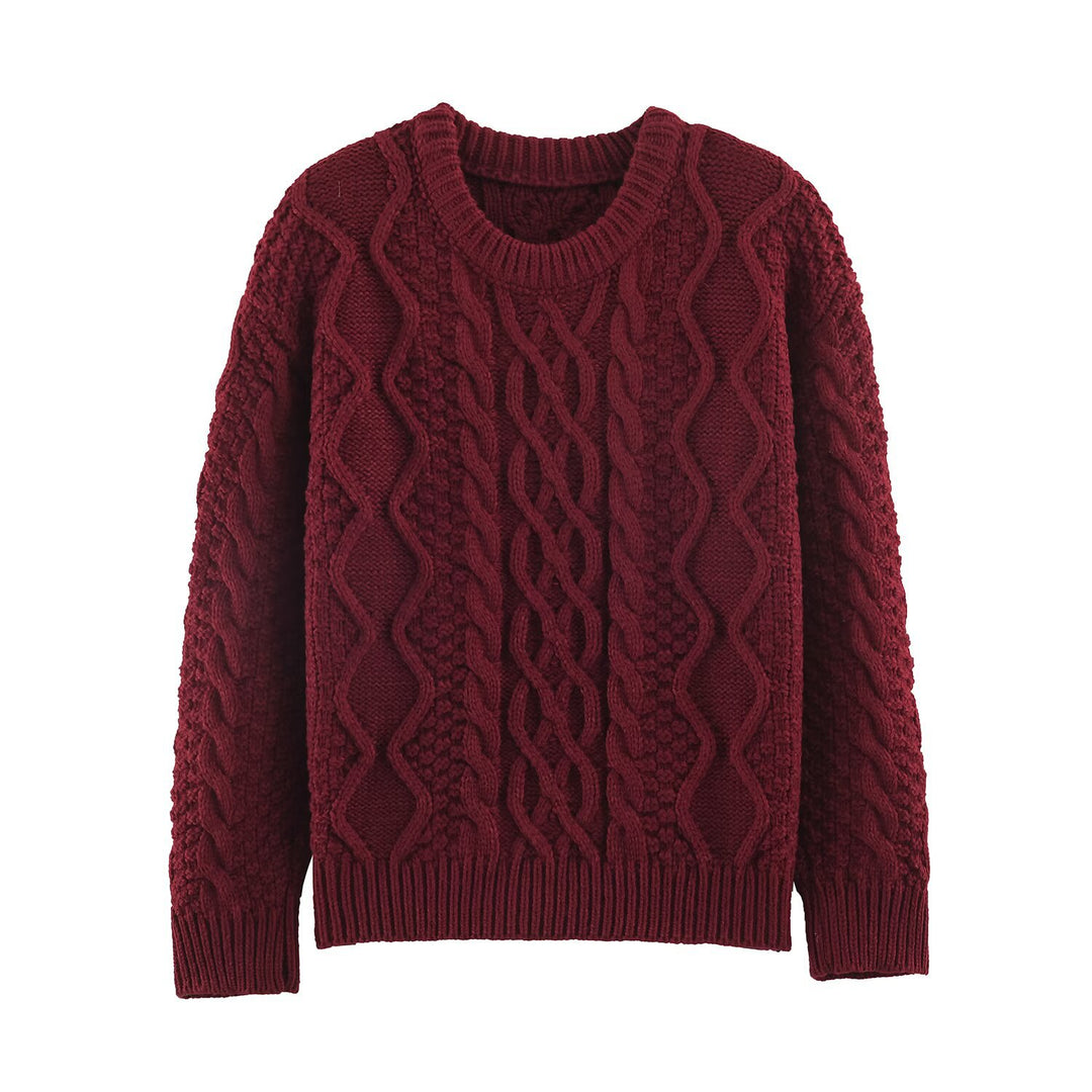 Damen Grobgestrickter Zopfstrick-Pullover mit Rundhals und Textur-Mix Nord Taschen
