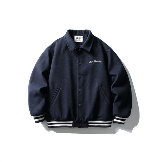 Herren Boxy College‑Blousonjacke aus Wollmix mit Druckknopfverschluss und gestreiften Rippbündchen Nord Taschen
