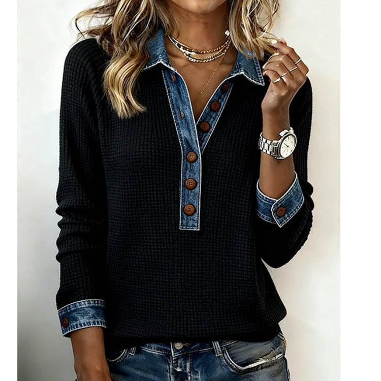 Damen Gerippter Pullover mit Jeanskragen und Knopfleiste Nord Taschen