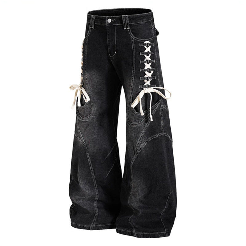 Damen Weite hochtaillierte Denim-Culotte mit seitlicher Schnürung und Cargo-Taschen Nord Taschen
