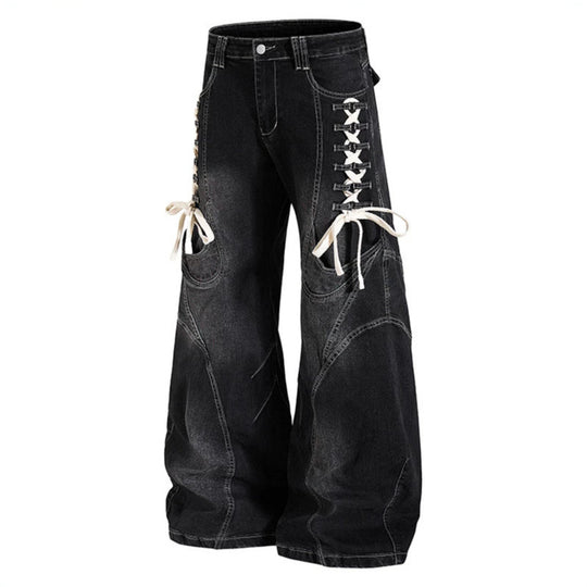Damen Weite hochtaillierte Denim-Culotte mit seitlicher Schnürung und Cargo-Taschen Nord Taschen