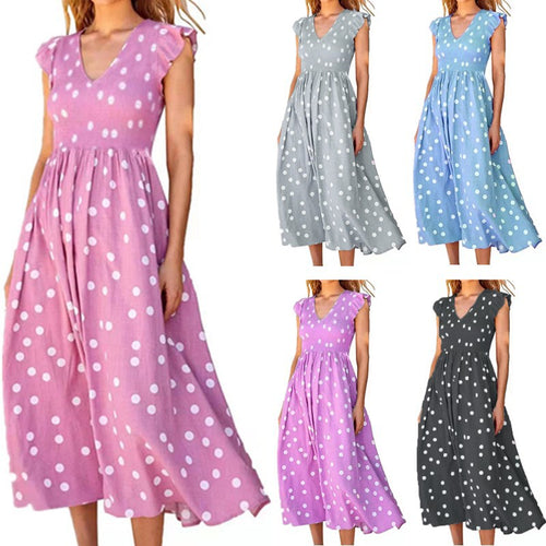 Damen Maxikleid mit einem verspielten Punktmuster und V-Ausschnitt