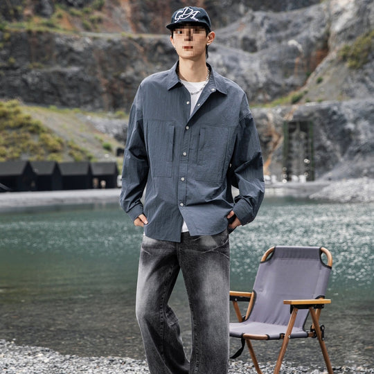 Herren Oversize Utility-Hemdjacke aus Ripstop mit Druckknopfblende und aufgesetzten Taschen Nord Taschen
