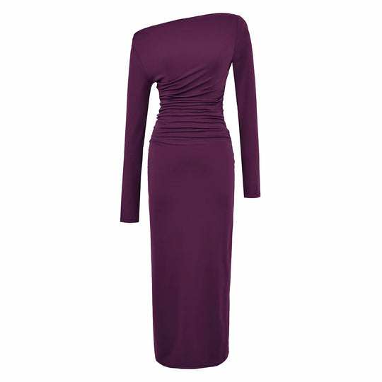 Damen Einschulter-Midikleid mit Langarm und seitlicher Raffung Nord Taschen