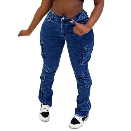 Damen Hochtaillierte Cargo-Jeans mit Mehrfach-Pattentaschen & ausgestelltem Saum Nord Taschen