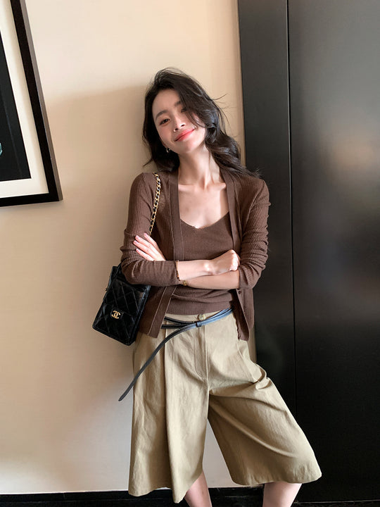Damen Gerippter Cropped Spaghettiträger-Top mit passendem Feinstrick-Cardigan Set Nord Taschen
