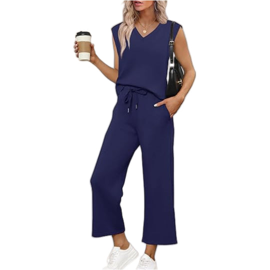 Damen Lässiges Zweiteiliges Lounge-Set mit Ärmellosem V-Neck-Top und Weiten Kordelbund-Hosen Nord Taschen
