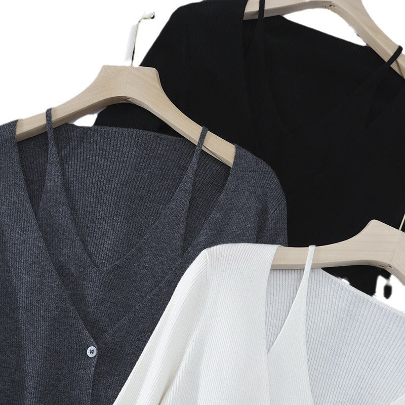 Damen feiner Rippstrick-Cardigan mit integriertem Spaghettitop und tiefem V-Ausschnitt Nord Taschen