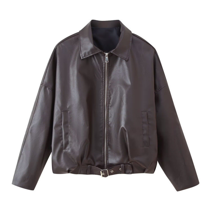 Unisex Oversize Kunstlederjacke mit Reißverschluss Hemdkragen und Taillengürtel Nord Taschen