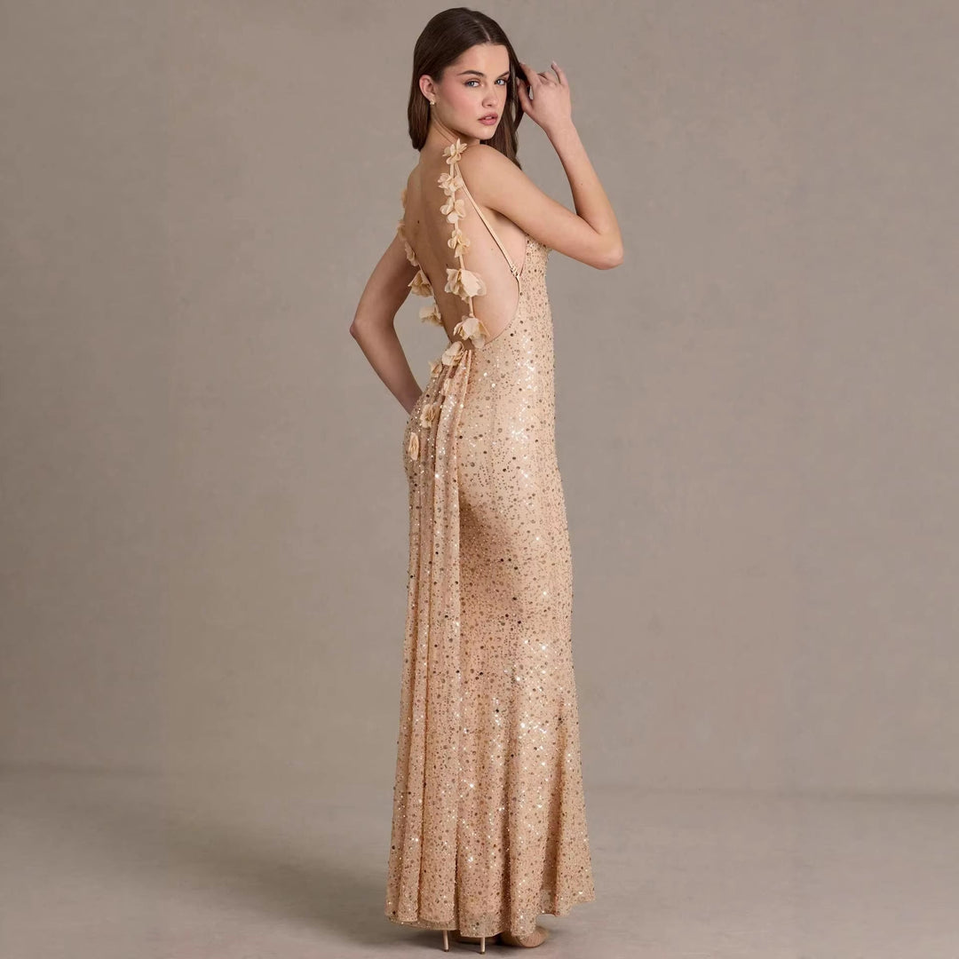 Damen elegantes Pailletten-Maxi-Kleid mit schickem Wasserfallausschnitt und figurbetonter Silhouette Nord Taschen