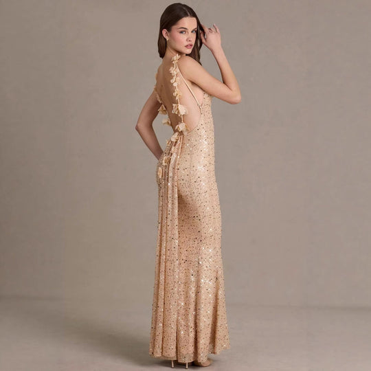 Damen elegantes Pailletten-Maxi-Kleid mit schickem Wasserfallausschnitt und figurbetonter Silhouette Nord Taschen