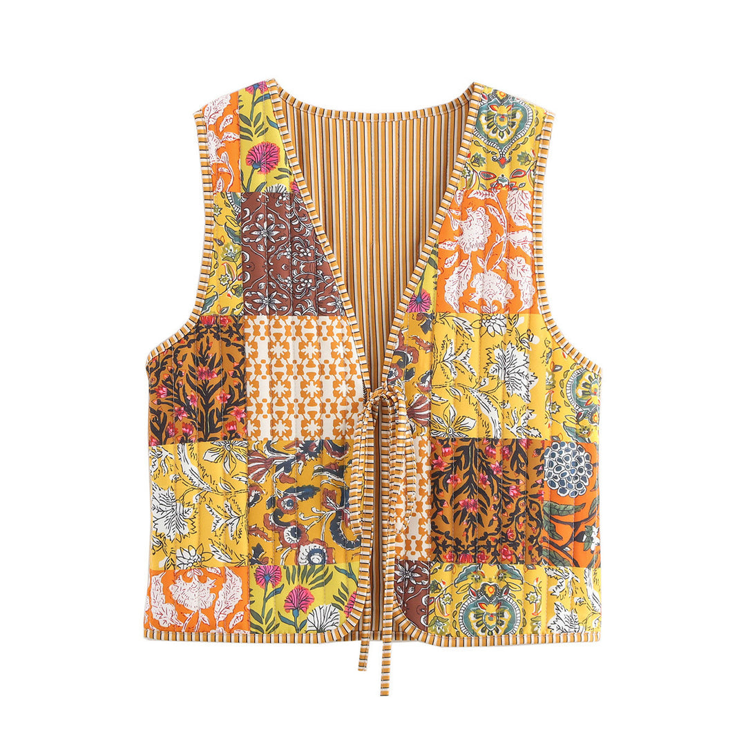 Damen Patchwork-Weste mit Bindeband und V-Ausschnitt Nord Taschen