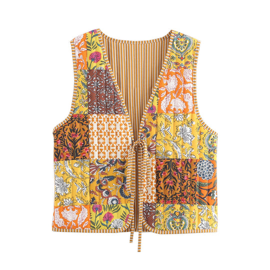 Damen Patchwork-Weste mit Bindeband und V-Ausschnitt Nord Taschen