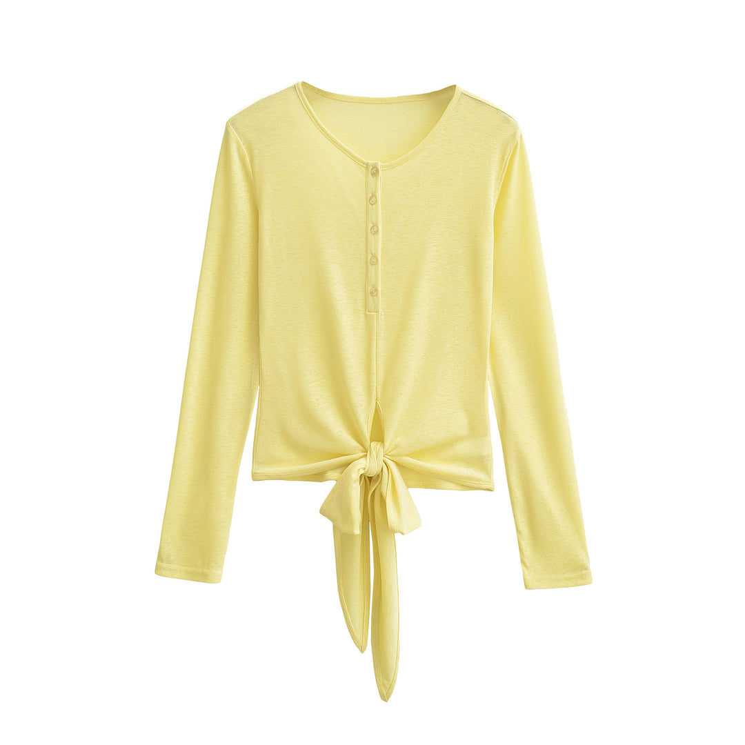 Damen Langarm-Henley-Top mit Knotenfront und Knopfleiste Nord Taschen