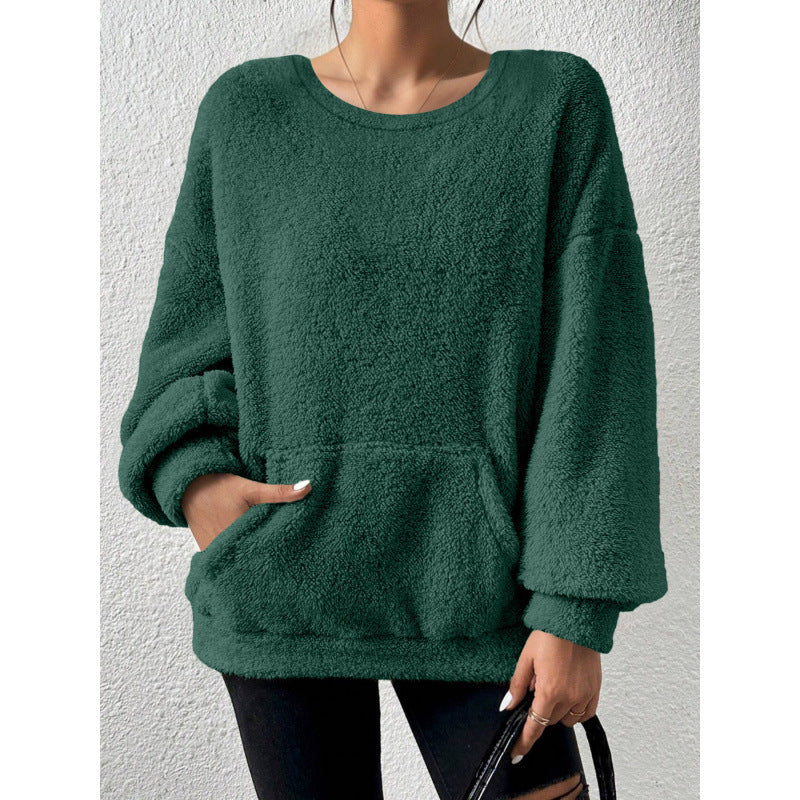Damen Kuscheliger Oversize-Sherpa-Pullover mit Kängurutasche und Ballonärmeln Nord Taschen