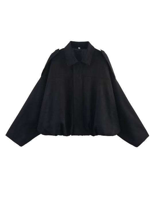 Damen Gekürzte Oversize-Blousonjacke aus Veloursoptik mit Tunnelzugsaum und Schulterpatten Nord Taschen